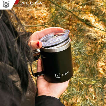 Thermal mug 420 ml with a handle and lid for coffee, tea, steel, cold and hot drinks, Alogy Black