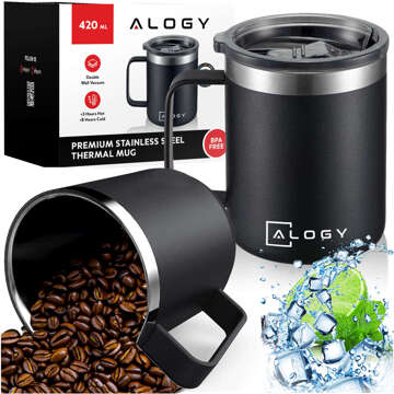 Thermal mug 420 ml with a handle and lid for coffee, tea, steel, cold and hot drinks, Alogy Black