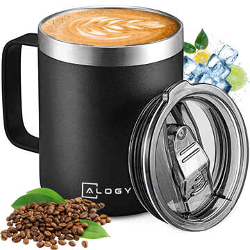 Thermal mug 420 ml with a handle and lid for coffee, tea, steel, cold and hot drinks, Alogy Black