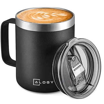 Thermal mug 420 ml with a handle and lid for coffee, tea, steel, cold and hot drinks, Alogy Black