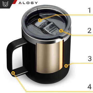 Thermal mug 420 ml with a handle and lid for coffee, tea, steel, cold and hot drinks, Alogy Black