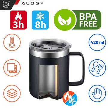 Thermal mug 420 ml with a handle and lid for coffee, tea, steel, cold and hot drinks, Alogy Black