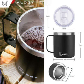 Thermal mug 420 ml with a handle and lid for coffee, tea, steel, cold and hot drinks, Alogy Black