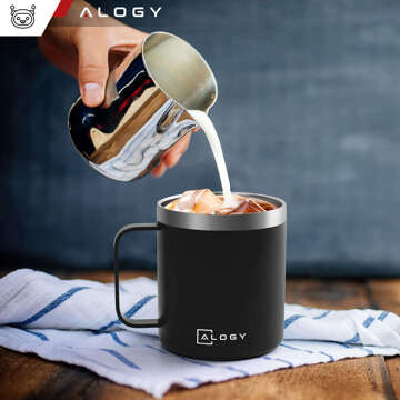 Thermal mug 420 ml with a handle and lid for coffee, tea, steel, cold and hot drinks, Alogy Black