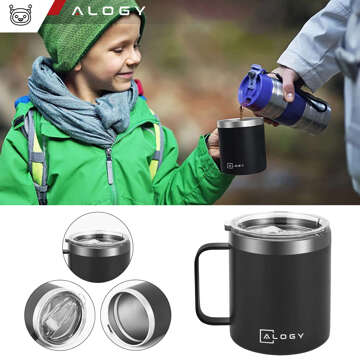 Thermal mug 420 ml with a handle and lid for coffee, tea, steel, cold and hot drinks, Alogy Black