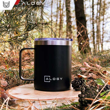 Thermal mug 420 ml with a handle and lid for coffee, tea, steel, cold and hot drinks, Alogy Black