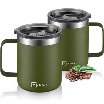 Thermal mugs set of 2 mugs Thermal mug 420 ml with handle and lid for coffee and tea, steel Alogy Green