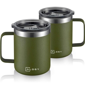 Thermal mugs set of 2 mugs Thermal mug 420 ml with handle and lid for coffee and tea, steel Alogy Green