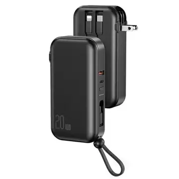 USAMS Powerbank PB63 3in1 10000mAh 20W Quick Charge US EU Plug   Cables USB-C/Lightning/MicroUSB czarny/black 10KCD17201 (US-CD172)