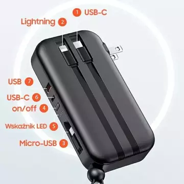 USAMS Powerbank PB63 3in1 10000mAh 20W Quick Charge US EU Plug   Cables USB-C/Lightning/MicroUSB czarny/black 10KCD17201 (US-CD172)