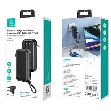 USAMS Powerbank PB63 3in1 10000mAh 20W Quick Charge US EU Plug   Cables USB-C/Lightning/MicroUSB czarny/black 10KCD17201 (US-CD172)