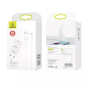 USAMS Wall charger 1x USB T21 micro USB white/white 2.1A Fast Charging T21OCMC01