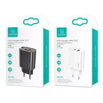 USAMS Wall charger 1xUSB-C 1xUSB T35 20W (only head) PD3.0 QC3.0 Fast Charging black/black CC121TC02 (US-CC121)