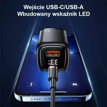 USAMS Wall charger 1xUSB-C 1xUSB T46 33W PD3.0 QC3.0 Fast Charging cable U63 USB-C/Lightning black/black UDTZ01