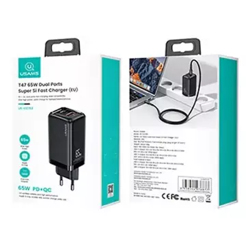 USAMS Wall charger 1xUSB-C 1xUSB T47 65W PD Fast Charging Super Si black/black CC153TC01 (US-CC153)