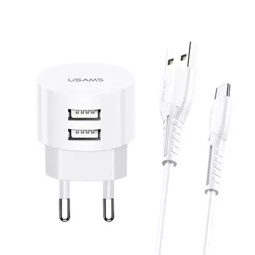 USAMS Wall charger 2xUSB T20 2.1A USB-C white/white round Fast Charging XTXLOGT18TC05