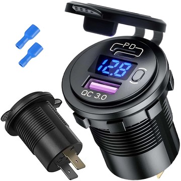 USB Car Charger QC 3.0 USB-C Type-C PD Adapter Car Cigarette Lighter Socket LED Voltmeter 48W Phone Glass Black