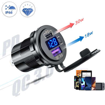 USB Car Charger QC 3.0 USB-C Type-C PD Adapter Car Cigarette Lighter Socket LED Voltmeter 48W Phone Glass Black