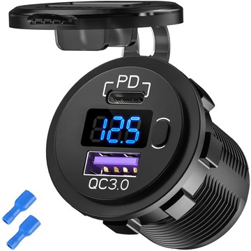 USB Car Charger QC 3.0 USB-C Type-C PD Adapter Car Cigarette Lighter Socket LED Voltmeter 48W Phone Glass Black