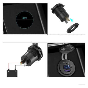 USB Car Charger QC 3.0 USB-C Type-C PD Adapter Car Cigarette Lighter Socket LED Voltmeter 48W Phone Glass Black