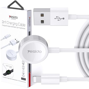 USB Charging Cable 2in1 Magnetic Inductive Charger for Apple Watch iPhone Lightning Cable Yesido CA70 2.4A 1.2m White