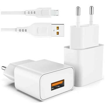 USB Wall Charger 2.4A Single Fast Charger USB to Micro USB Cable 2400mAh 12W White