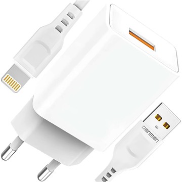 USB wall charger USB - Lightning cable for iPhone 1m fast 2.4A 12W Denmen White