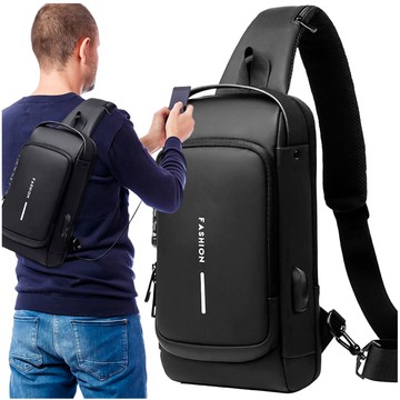 Waterproof single-shoulder backpack, bag, USB code cover, 32x21x9 cm, single-shoulder, men's, women's, Black