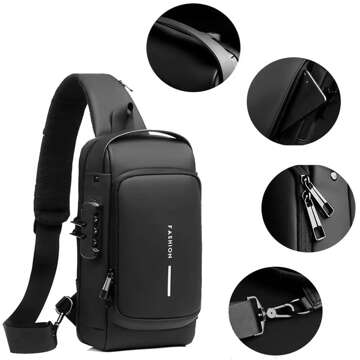 Waterproof single-shoulder backpack, bag, USB code cover, 32x21x9 cm, single-shoulder, men's, women's, Black