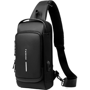 Waterproof single-shoulder backpack, bag, USB code cover, 32x21x9 cm, single-shoulder, men's, women's, Black