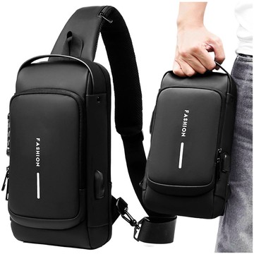 Waterproof single-shoulder backpack, bag, USB code cover, 32x21x9 cm, single-shoulder, men's, women's, Black