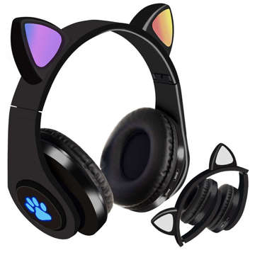 Wireless LED RGB 5.0 over-ear Bluetooth 5.0 headphones for children with cat ears Black