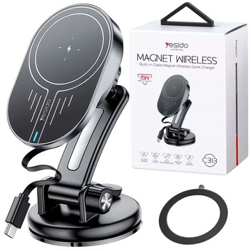 Yesido C313 Magnetic Car Holder with Qi 15W Inductive Charger for Car Cockpit Phone Black