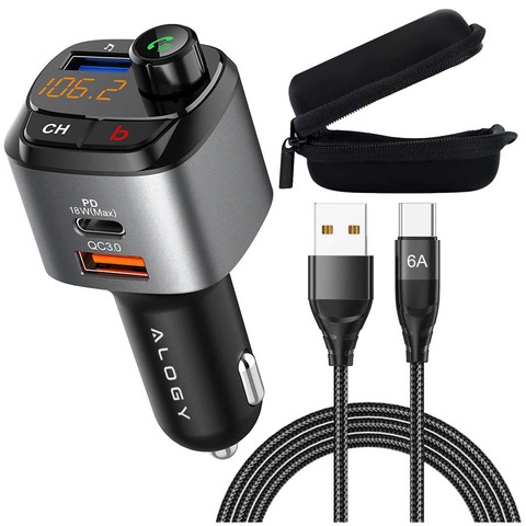 Alogy Auto-FM-Transmitter, USB-Ladegerät, QC 3.0, USB-C PD, Bluetooth-MP3-Player-Kabel, 6 A, 1 m Hülle