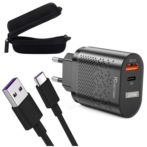 Alogy Schnelles USB-Ladegerät USB-C Typ C QC 3.0 PD 20 W schwarzes Kabel 5 A 1 m Gehäuse