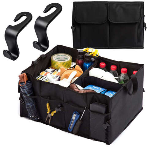 Auto Organizer Kofferraumtasche Kofferraum XXL Kofferraum 6 Taschen für Telefonbuch Getränketaschentücher Schwarz 2x Kopfstützenhalterung