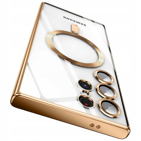 Hülle für Samsung Galaxy S24 Ultra Mag Safe Glamour Case Ringgehäuse Kameraschutz Alogy Gold Klarglas