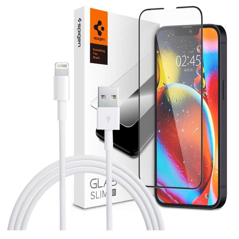 Spigen Glas.tR Slim FC Glas für die Hülle für Apple iPhone 13/13 Pro / 14 Black Kabel 1m Lightning