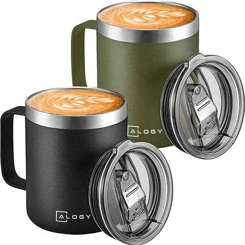 Thermobecher-Set mit 2 Tassen Thermobecher 420 ml mit Griffdeckel für Kaffee Tee Stahl Alogy Schwarz Grün