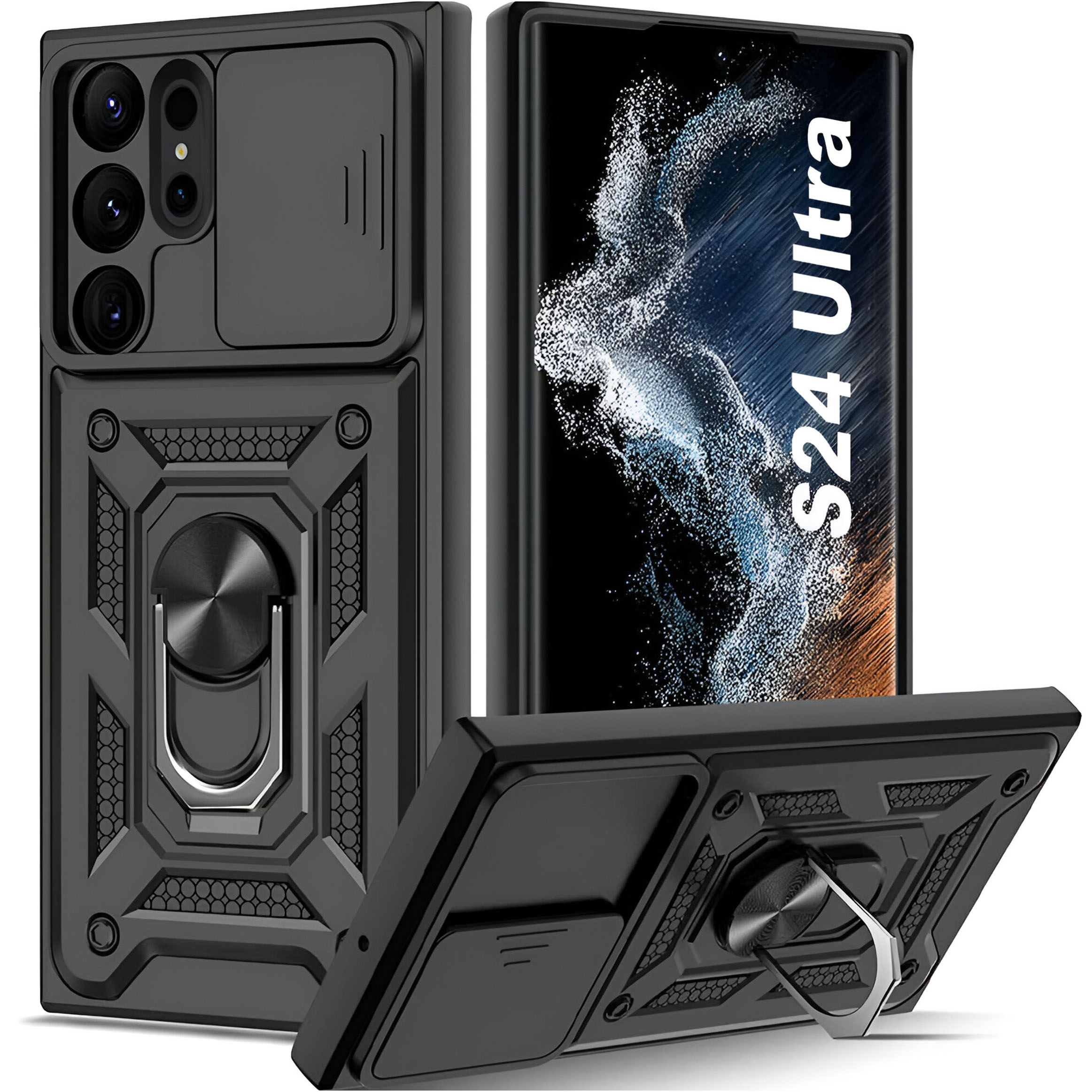 Hülle für Samsung Galaxy S24 Ultra gepanzertes Slide Case Ringgehäuse  Kameraschutz Camshield Alogy schwarz - 4KOM