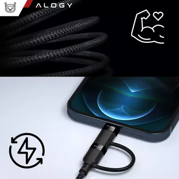 Alogy 2in1 USB-C auf Lightning PowerDelivery Kabel für Apple iPhone PD 60W 100cm Schwarz