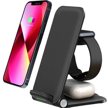 Alogy 3in1 QI Induktionsladegerät für Apple iPhone, Airpods, Watch 15W 3W Schwarz