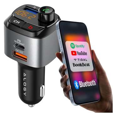 Alogy Auto-FM-Transmitter, USB-Ladegerät, QC 3.0, USB-C PD, Bluetooth-MP3-Player, 1 m Kabel, USB-C auf Lightning-Gehäuse