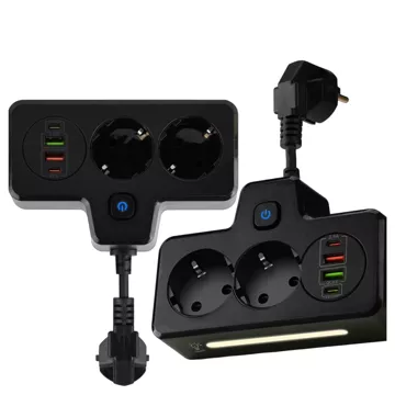 Alogy Plug Extender Steckdose Splitter Splitter Adapter Verlängerungskabel 2x EU Stecker 2x USB 2x USB-C Schwarz