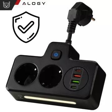 Alogy Plug Extender Steckdose Splitter Splitter Adapter Verlängerungskabel 2x EU Stecker 2x USB 2x USB-C Schwarz