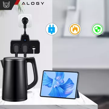 Alogy Plug Extender Steckdose Splitter Splitter Adapter Verlängerungskabel 2x EU Stecker 2x USB 2x USB-C Schwarz