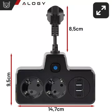 Alogy Plug Extender Steckdose Splitter Splitter Adapter Verlängerungskabel 2x EU Stecker 2x USB 2x USB-C Schwarz