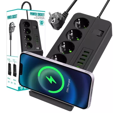 Alogy Plug Extender Steckdosenverteiler Splitteradapter Verlängerungskabel mit Qi-Induktionsladegerät 4x EU-Stecker 4x USB 2x USB-C Schwarz