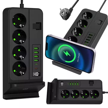 Alogy Plug Extender Steckdosenverteiler Splitteradapter Verlängerungskabel mit Qi-Induktionsladegerät 4x EU-Stecker 4x USB 2x USB-C Schwarz