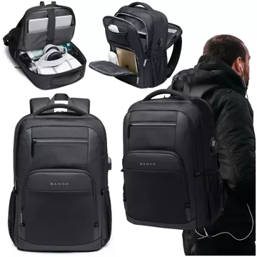 Bange wasserdichter Rucksack für 15,6-Zoll-Laptop, Stadtreisender, 45 x 30 x 16 cm, für Arbeit, Flugzeug, Herren, Damen, mit USB-Anschluss Schwarz